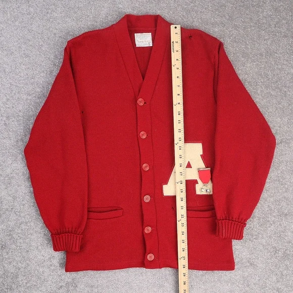 VTG 60s Spaulding Sand Knit Pins Varsity Medium Red Long Sleeve Cardigan Sweater